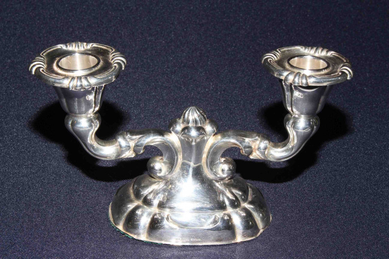 Continental silver two branch dwarf candelabrum, marked 925