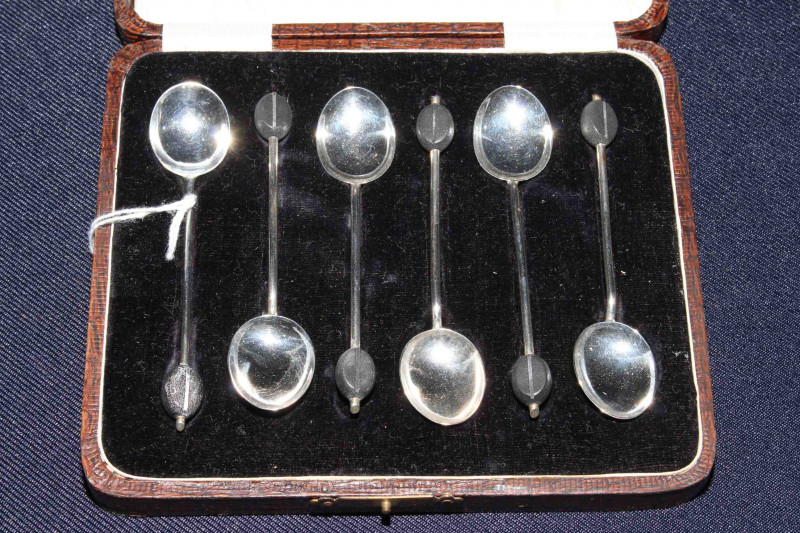 Cased set of six silver coffee bean handled spoons