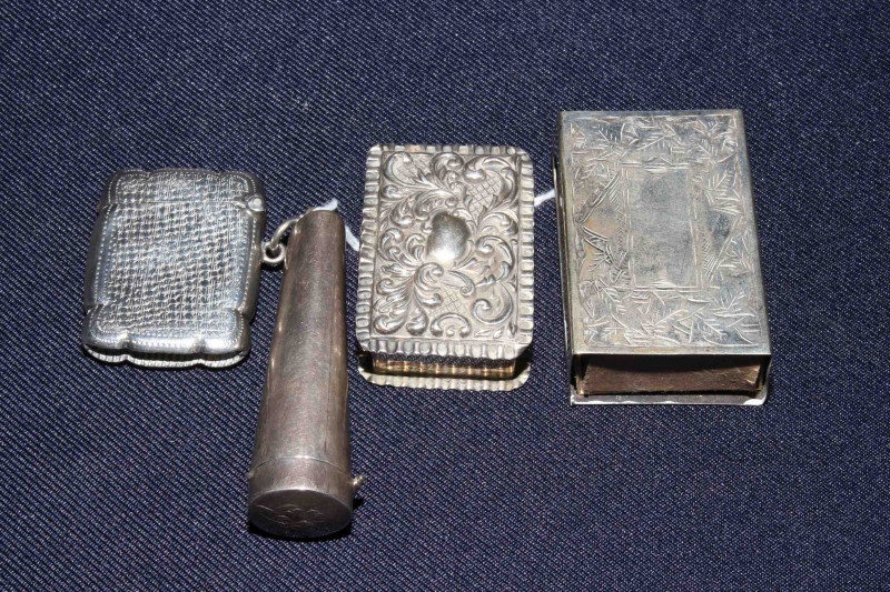 Silver vesta, cigar holder case, box and matchbox holder (4)