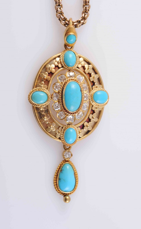 A TURQUOISE AND DIAMOND SET PENDANT, circa 1870-1880, the oval mount with moulded floral details and pierced work to the centre, set with five graduating oval cabochon cut turquoise stones and twelve old brilliant cut diamonds in scalloped edging, suspend