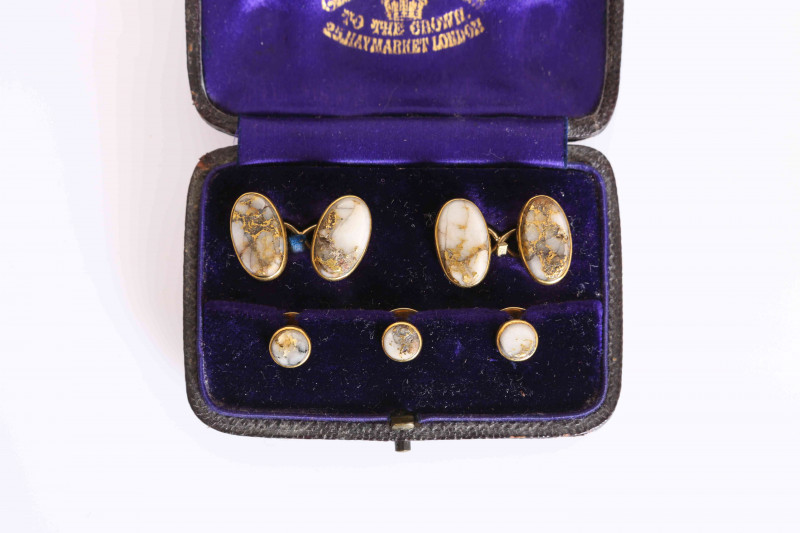 A PAIR OF VICTORIAN HARDSTONE CUFFLINKS, the mounts probably gold but unmarked, cased.