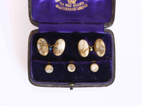 A PAIR OF VICTORIAN HARDSTONE CUFFLINKS, the mounts probably gold but unmarked, cased. thumbnail