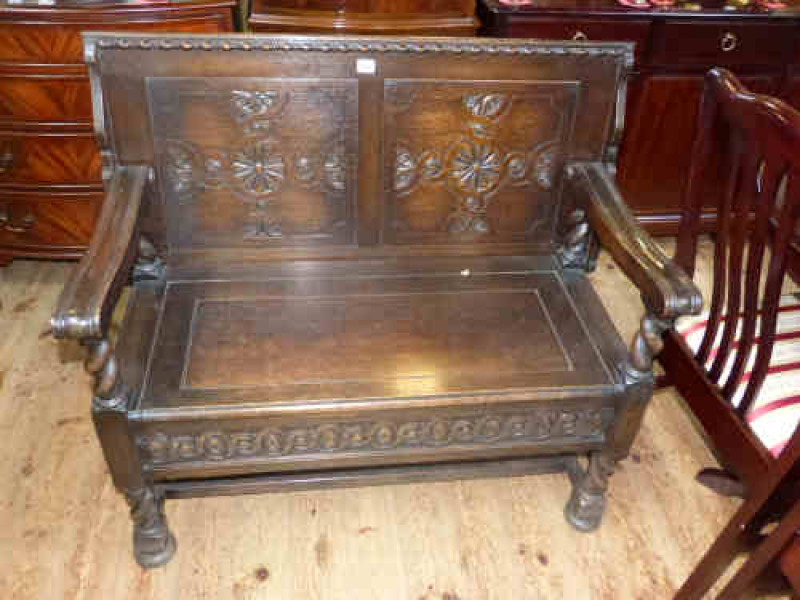 Carved Oak Monk's Bench