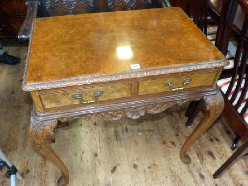 Burr Walnut Two-drawer Side Table on carved cabriole legs
