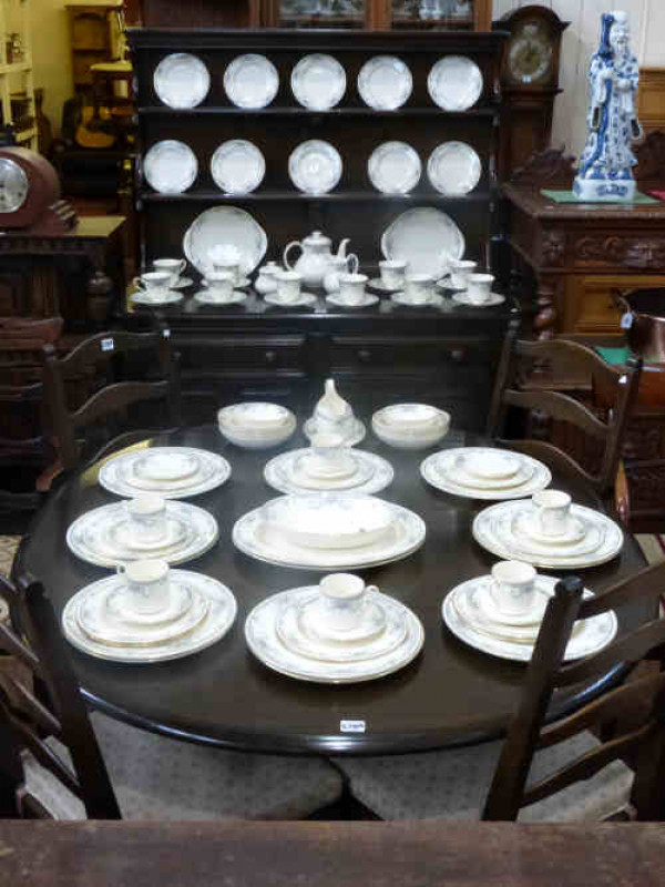Dark Oak Ercol Shelf Back Dresser, Extending Pedestal Dining Table and Four Ladder Back Chairs