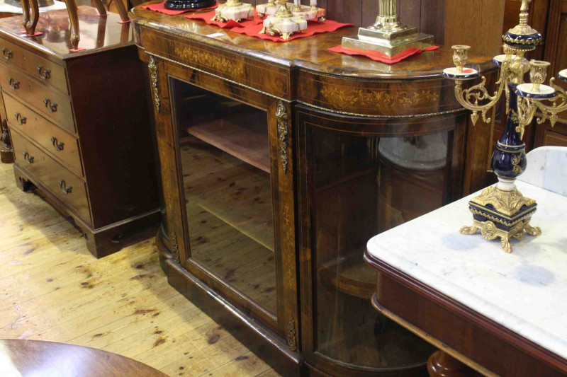Victorian inlaid walnut credenza having central glazed door flanked by two glazed bow end doors, 102cm x 152cm