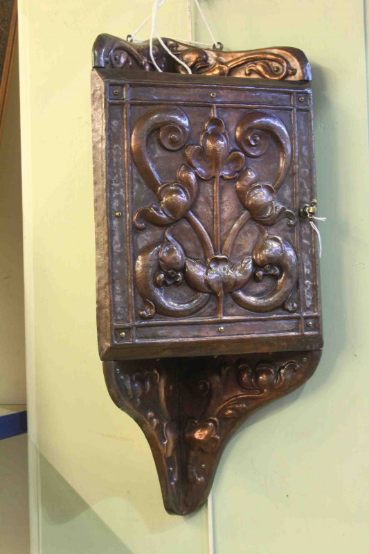 Small Art Nouveau oak and copper corner wall cupboard