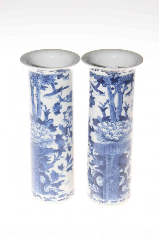 Pair of Chinese blue and white sleeve vases, circa 1900, 24.5cm