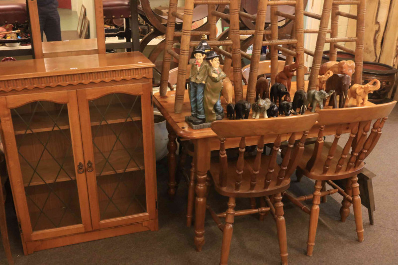 Pine kitchen table and four chairs, leaded glazed two door bookcase and pine cheval mirror (7)