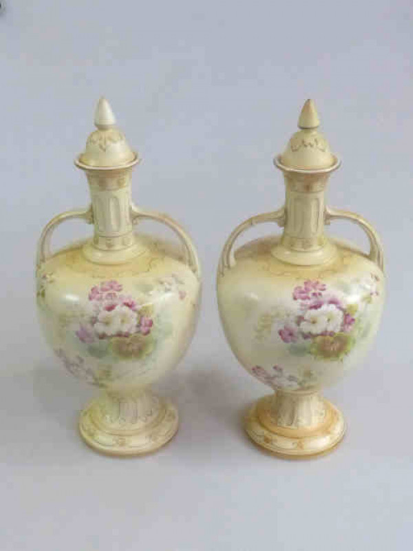 Pair of Imperial Windsor Ware Two Handled Vases and Lids with Floral Decoration, 42cm High