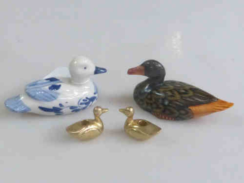 Delft Duck, Two Brass Ducks, Wooden Painted Duck (4)