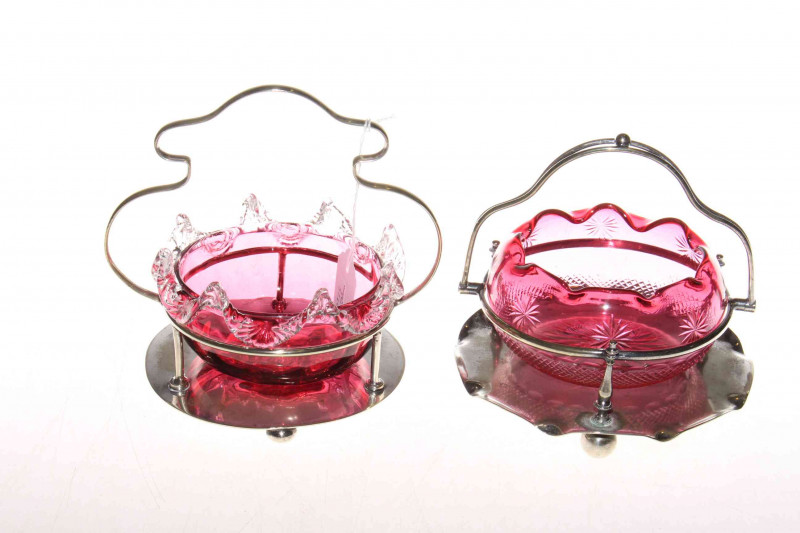 Two cranberry and silver plate baskets, 17cm by 16cm
