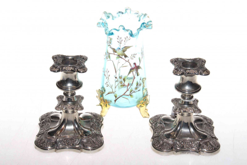 Pair of silver plated candlesticks and a Continental blue glass vase (3) 18cm by 9cm and 14cm by 10cm