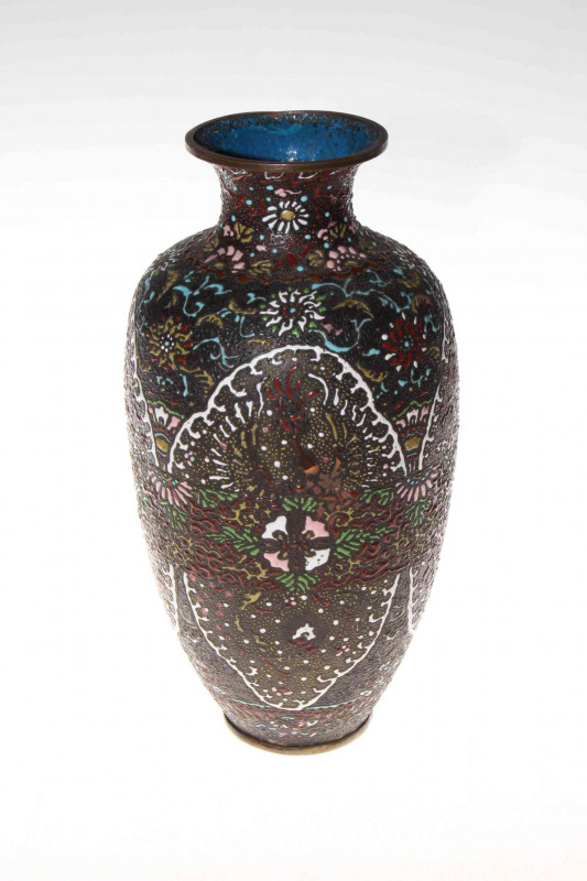 Oriental cloisonne vase decorated in enamels with dragons, 30cm