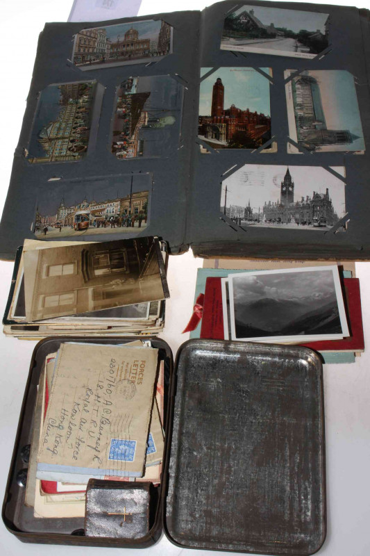 Worn postcard album, loose photographs and postcards including Singapore, Chinese silk Christmas card, adverts, street scenes, Middleton in Teesdale, Newcastle United Football ground, George Studdy, also 1940's RAF letters