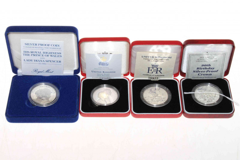 Four silver proof crown coins, 1981 Royal wedding, 1993 anniversary, 1990 90th birthday and 1997 golden wedding, with certificate of authenticity