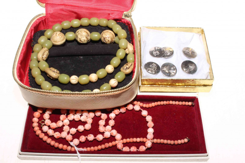 Set of six silver lady portrait buttons, two coral bead and one other necklace