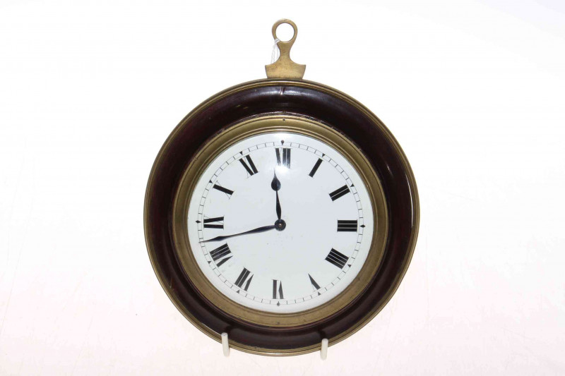 Antique mahogany and brass Sedan clock, 15cm diameter 