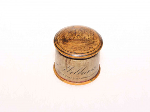Small wood lidded box with ship decoration