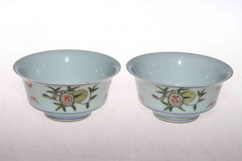 Pair of Chinese porcelain polychrome bowls with underglaze blue six character marks, 14cm diameter
