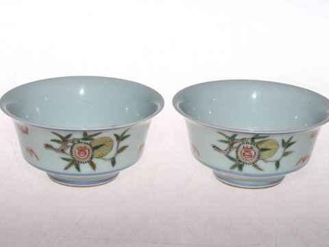Pair of Chinese porcelain polychrome bowls with underglaze blue six character...