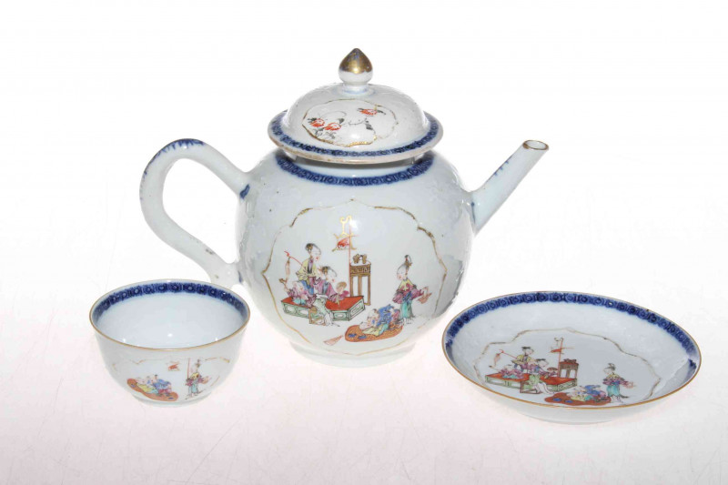 Late 18th Century Chinese porcelain teapot, tea bowl and saucer, having painted panels of happy figures interior and underglaze blue borders