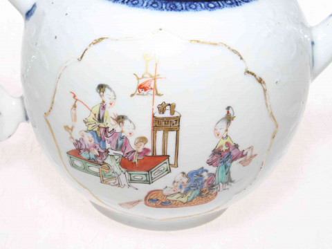 Late 18th Century Chinese porcelain teapot, tea bowl and saucer, having painted panels of happy figures interior and underglaze blue borders thumbnail