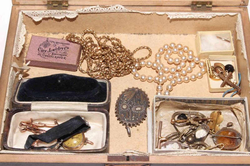 Box of jewellery including 9 carat gold muff chain and other gold and silver, etc