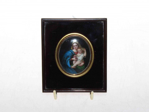 Painted Madonna and child porcelain miniature oval in frame