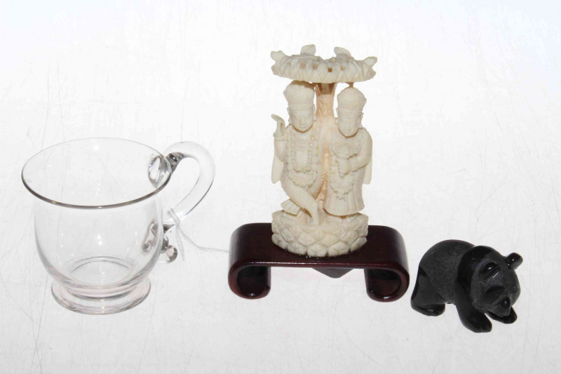 Antique glass custard cup, small panda and carved figure (3)