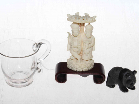 Antique glass custard cup, small panda and carved figure (3)