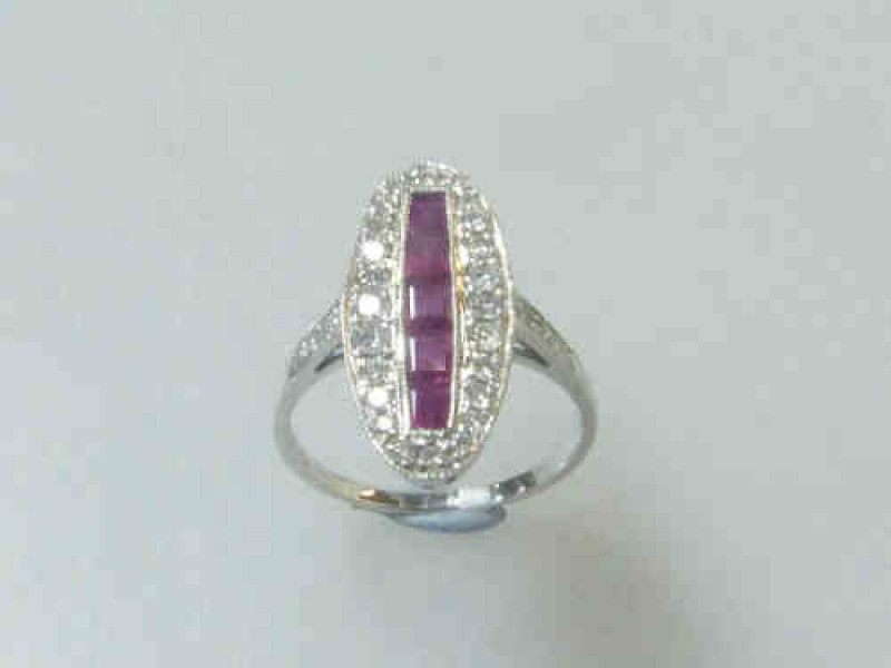 Ruby and Diamond Ring in Art Deco Style, with an 18ct White Gold Band, Size N