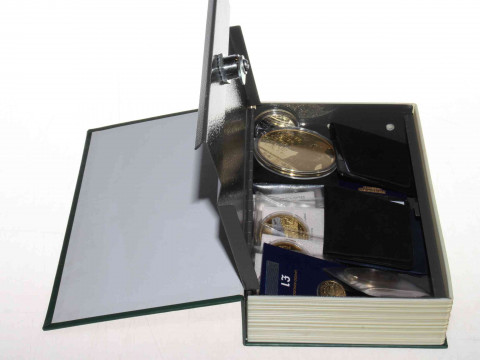 Small cash box with silver proof and other coins