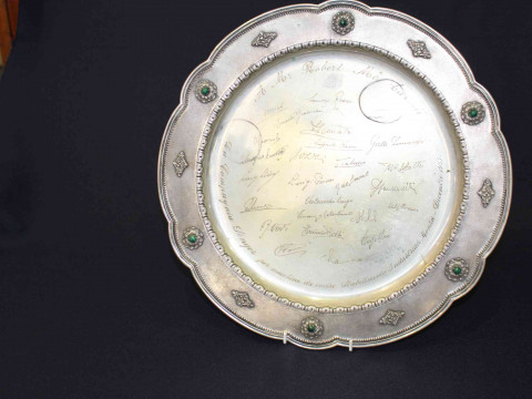 Large Italian silver circular tray, inscribed with signatures and having...