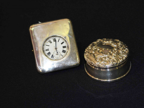 Edwardian silver pocket watch stand, Edinburgh 1905, and embossed silver...