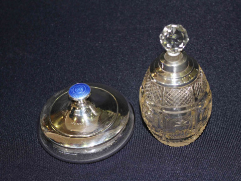 Silver and blue enamel mounted powder bowl and silver mounted crystal...
