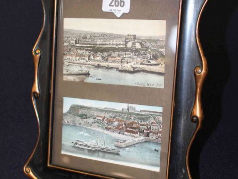 Arthur Guiness Son & Co. Ltd metal photograph frame with two Whitby postcards