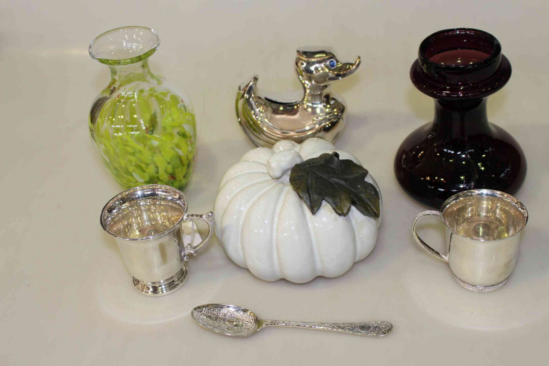Two silver christening mugs, Victorian spoon and four other ornaments