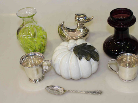 Two silver christening mugs, Victorian spoon and four other ornaments