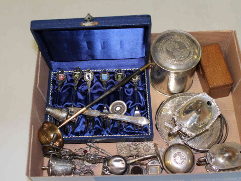 Box with collection of silver and plate pieces