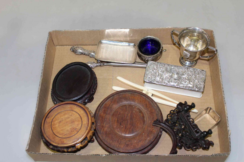 Box with small silver pieces, Chinese vase stands and glove stretchers