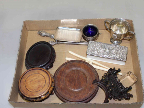 Box with small silver pieces, Chinese vase stands and glove stretchers