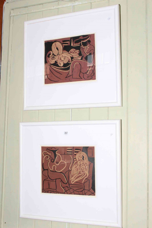 Pair Pablo Picasso linocuts Femme Dans un Fauteuil et Guitariste and Femme Couchee et Homme a la Guitare, in glazed frames