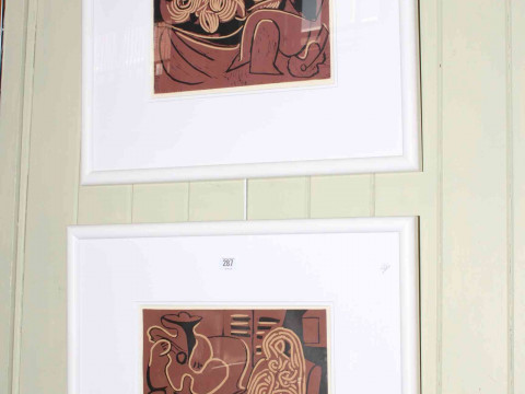 Pair Pablo Picasso linocuts Femme Dans un Fauteuil et Guitariste and Femme...