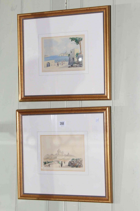 Joseph Galea, The Old City of Malta 'Medina' and Marsamxett Harbour, pair watercolours, both signed lower right, titled and dated in the margin, 15cm by 19.5cm, in glazed gilt frames