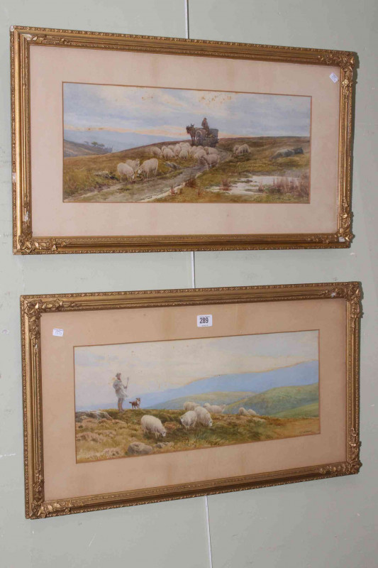 C. Goddard, Shepherds and Sheep on Moorland, pair watercolours, both signed lower right, 21cm by 52cm, in glazed gilt frames