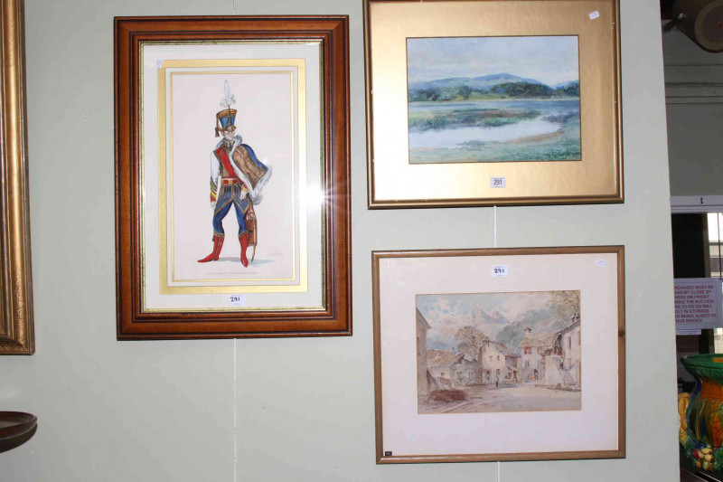 J. Shields, Lake District landscape, signed watercolour, Alpine Village watercolour and military print (3)