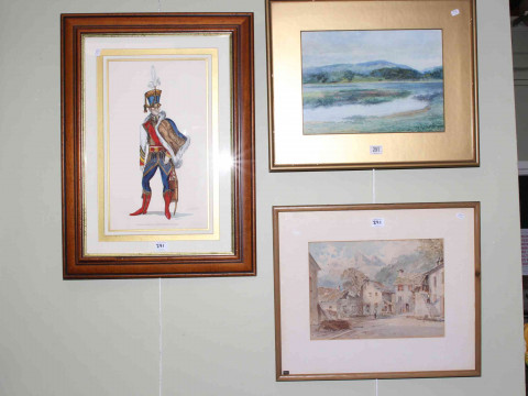 J. Shields, Lake District landscape, signed watercolour, Alpine Village...