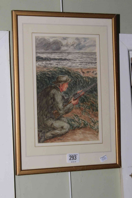 George Augustus Short, Sporting Gunman waiting for Prey, watercolour, signed, 25cm by 15.5cm, in glazed gilt frame