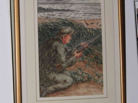 George Augustus Short, Sporting Gunman waiting for Prey, watercolour,...